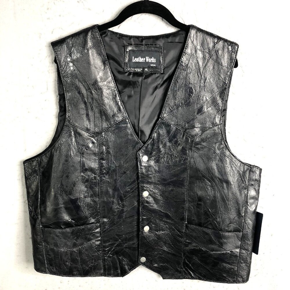 Leather Works Vest Mens Extra Large Black Patchwork Design Biker Moto Retro NEW